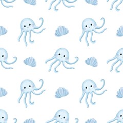 Seamless pattern cute little octopus.Childre’s print.Watercolor illustrations.Baby design