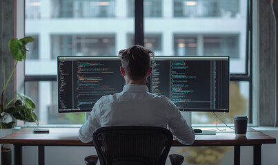 Cinematic shot of a male programmer sitting at his desk with two monitors and writing code