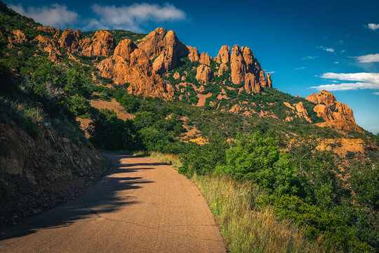 Winding road and red rocks in the Esterel massif, France