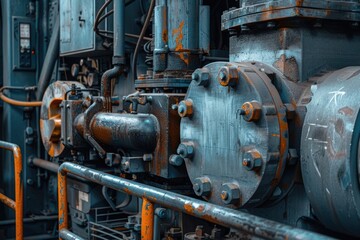 Heavy Industrial Machinery Close-Up - Rusty Metal Parts, Pipes, Bolts for Engineering Design