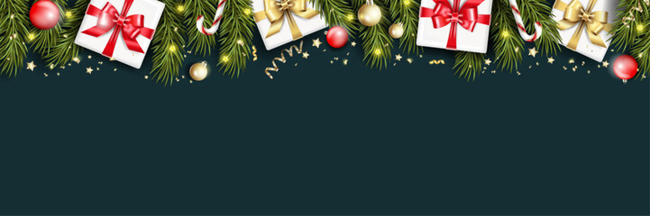 Realistic Christmas horizontal banner on a red background with fir green branches, Christmas decorations and gifts with gold red bows around glitter. Vector illustration.