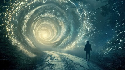 Fototapeta premium Man walking towards a vortex of light in a forest night