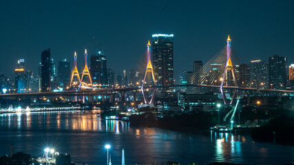 Bhumibol Bridge 1 and 2 with beautiful light up at night scene, Bangkok Thailand