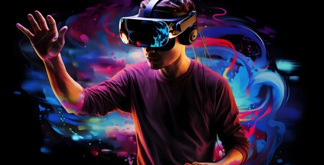 Man in VR Headset with Neon Lights