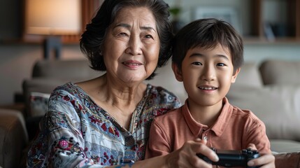 Elderly Asian woman playing video games with her grandson in a brightly lit living room during the day significant empty space around the edges Stock Photo with copy space