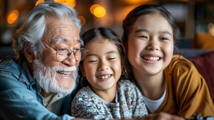 Elderly Asian grandfather and his granddaughter intensely focused on a video game in a cozy gaming room at night significant empty space around the edges Stock Photo with copy space