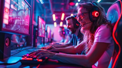 Western elderly man and his granddaughter having fun with video games in a dedicated gaming room at night significant empty space around the edges Stock Photo with copy space