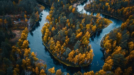 Aerial view of colorful autumn forest