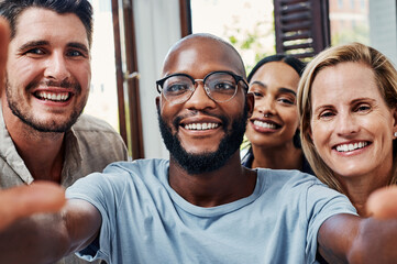 Selfie, diversity and business people with creative friends, solidarity and support at tech...