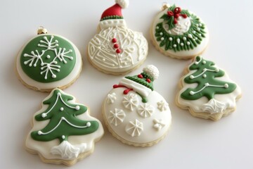 Selection of beautifully decorated christmas cookies in seasonal shapes on a white surface