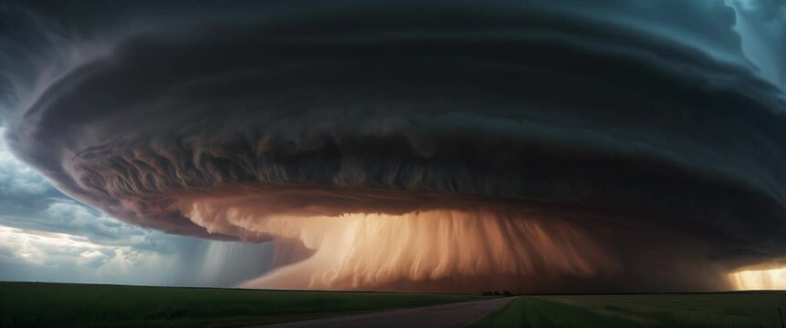 Dramatic sky with cyclone super-cell storm persistently rotating updraft clouds rainy weather timelapse