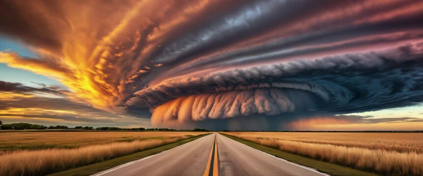 Dramatic sky with cyclone super-cell storm persistently rotating updraft clouds rainy weather timelapse