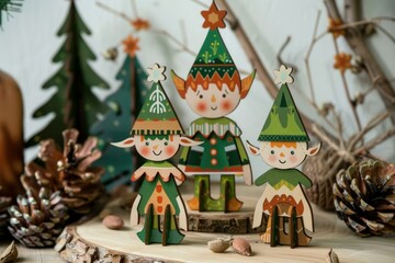 Handcrafted paper elf figurines with festive attire, surrounded by pine cones on a rustic wooden backdrop