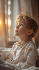 Little tired boy in Sleeping Suit waking up in the morning. Little tired boy in Pajamas waking up in the morning. Waking up out of cozy Bed. Getting ready for the Schoolday
