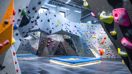 A futuristic indoor bouldering gym - With colorful holds, climbing routes, and futuristic lighting. 