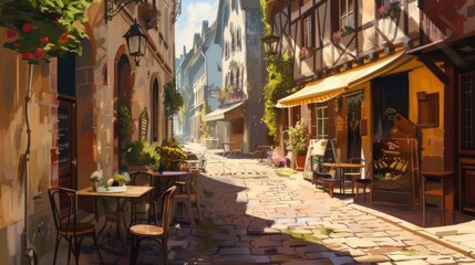 Fototapeta premium Cozy sunlit European street with outdoor cafe seating.
