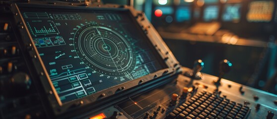 A high-tech control panel with a digital radar-like display and numerous buttons, indicative of military or advanced navigation technology