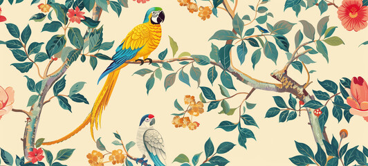 A whimsical pattern featuring parrots perched on tree branches, surrounded by lush foliage and delicate flowers