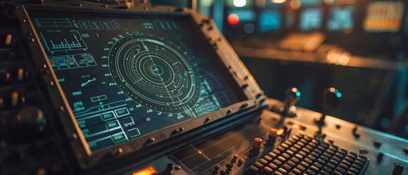 A high-tech control panel with a digital radar-like display and numerous buttons, indicative of military or advanced navigation technology