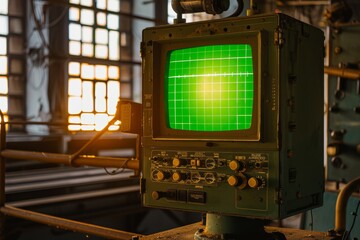 A vintage oscilloscope displaying a green waveform in an industrial setting, highlighting the intersection of old technology and machinery
