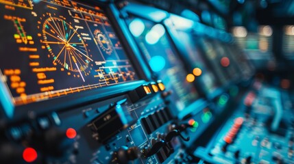 A close-up of complex control panels and screens in a high-tech environment, displaying various data, graphs, and radar-like visuals with blue and orange lights