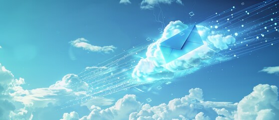 A digital envelope flying through a cloud-filled sky, symbolizing cloud-based email services and online communication in a futuristic context