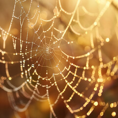 A spider web with dew drops glistening in the morning light.