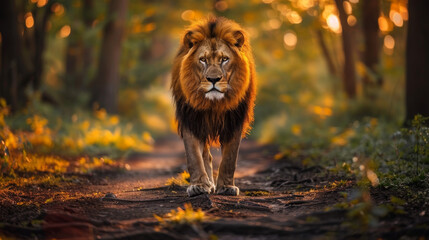 A majestic lion walking on the path in a beautiful savannah. African wildlife