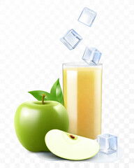 A glass of fresh apple juice or smoothie with ice cubes falling into the glass. Cup of cocktail or yogurt with green apple, isolated on transparent background. Realistic 3d vector