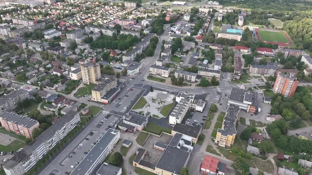 Radviliskis City Downtown In Siauliai District. Lithuania. Drone Point of View.