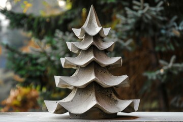 Modern concrete christmas tree decoration displayed outside with natural foliage in the background