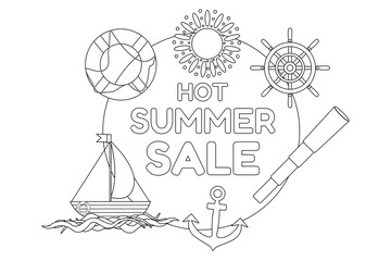 Detailed nautical-themed coloring page featuring Hot Summer Sale text with boat, sun, anchor, and lifebuoy elements. Perfect for summer sales promotions.