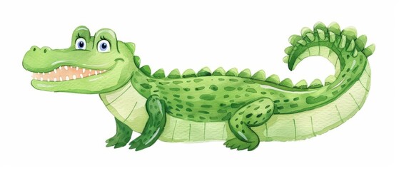Obraz premium A crocodile is depicted in a cute, kawaii watercolor style, isolated on a white background, with a friendly grin and playful demeanor