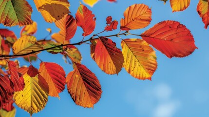 Fototapeta premium Vibrant Autumn Leaves Close-up with Clear Blue Sky Background