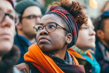 Diverse Group of People at Outdoor Event, Focused Woman in Bright Orange Scarf and Glasses