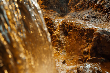 Close Up Waterfall on Rocky Terrain with Golden Glow and Shimmering Effect