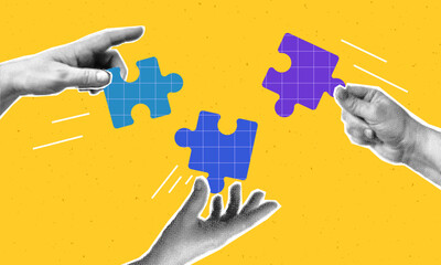Collage with halftone hands putting puzzle together. Teamwork concept vector pop art retro style illustration. Partnership and  relationship design element for infographic, poster, website