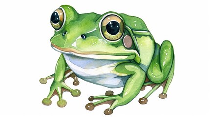 Obraz premium A frog is depicted in a cute, kawaii watercolor style, isolated on a white background, with a joyful expression and hopping legs