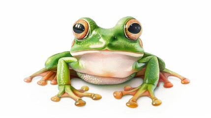 Fototapeta premium A frog is depicted in a cute, kawaii watercolor style, isolated on a white background, with a joyful expression and hopping legs