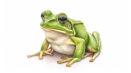 Obraz premium A frog is depicted in a cute, kawaii watercolor style, isolated on a white background, with a joyful expression and hopping legs