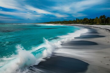 Aerial drone view or top view perspective photography of a beautiful transparent clear sea ocean beach waves and foam splashing on the dark navvy blue or gray sand surf coast island holiday tropical
