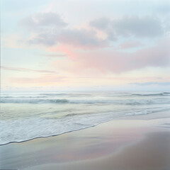 Scenic artwork showcasing a beach at dusk, with vibrant colors in the sky.