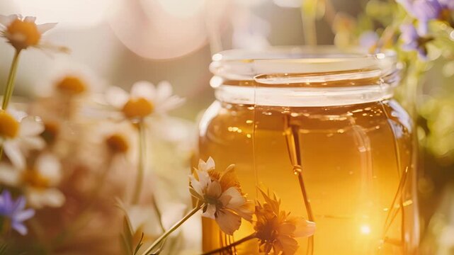 A closeup of the label on a honey jar featuring a simple yet elegant script font and a handdrawn illustration of a wildflower field.