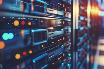 Modern Data Center Server Racks with Blinking Lights and High Performance Equipment