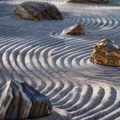 A serene zen garden with carefully arranged rocks and sand, creating a peaceful and harmonious atmosphere. 