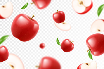 Flying red juicy apples. Bright advertising background falling red apples, realistic with blurred effect. 3d vector illustration