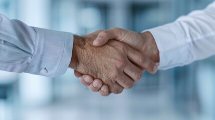 Professional man shaking hands, corporate office backdrop, close-up shot, sealing a business deal.