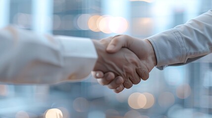 Professional man shaking hands, soft-focus boardroom with city view, side view angle, agreeing on a merger.