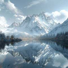 Reflection of mountain range in crystal-clear lake, highlighting the tranquility of the scene.