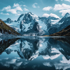 Scenic view of mountain range mirrored in still lake, capturing the peacefulness of nature.
